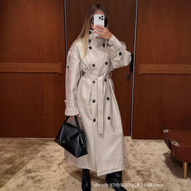 气质英伦风纯色双排扣长款风衣外套女2025秋冬新款跨境欧美风