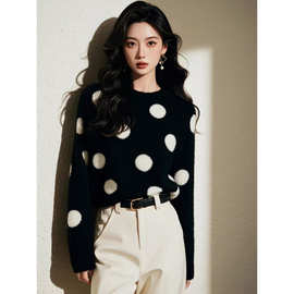 黑色波点宽松软糯针织独特漂亮毛衣女2025新款秋冬高级感穿搭上衣