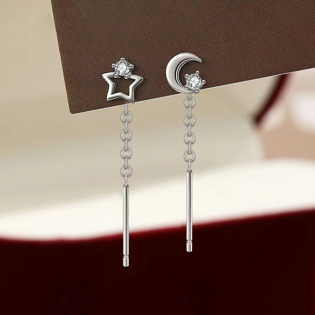 S999 Silver Star Moon Ear Line Women's Light Luxury Simple Fresh Simple Personalized Mini Sleeping Free Earrings Earrings