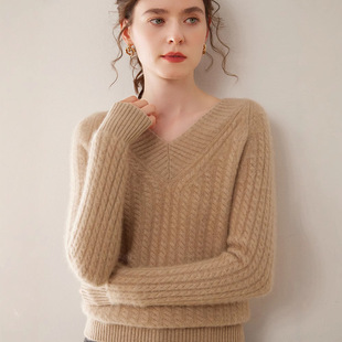 2025 Autumn and Winter New Cashmere V-neck Long-sleeved Top Loose Thick Women's Loose Slim Sweater Comfortable Skin-friendly
