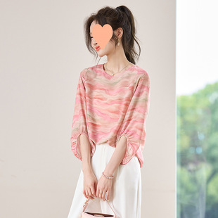 2025 Summer New Lantern Sleeve T-Shirt Loose Tie-Dye Blouse Chiffon Design Round Neck Top Women's Casual Fashion