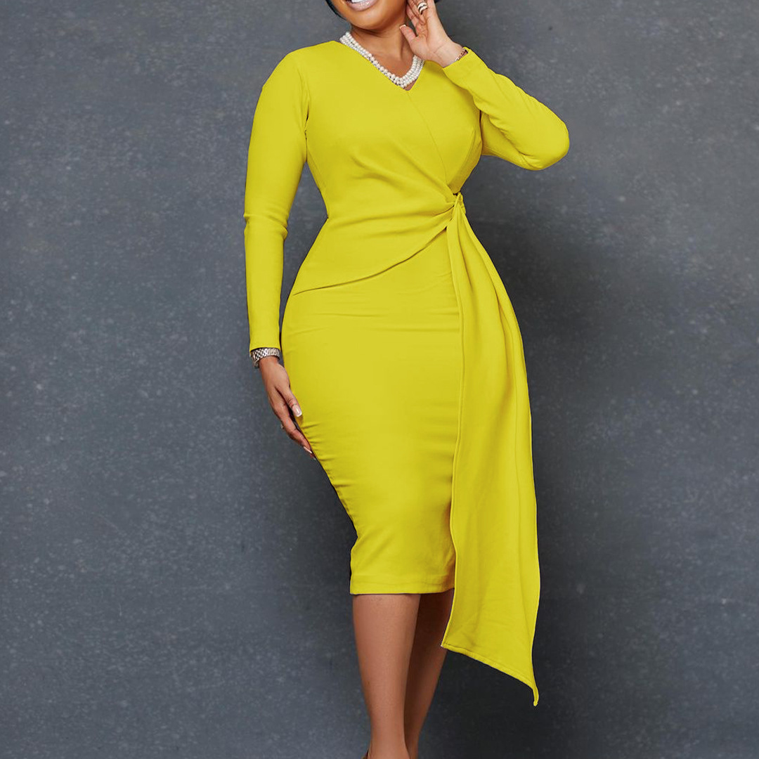 Slim Fit Type Wholesale Women's Elegant Solid Color Banquet V Neck Long Sleeve Sheath Dress