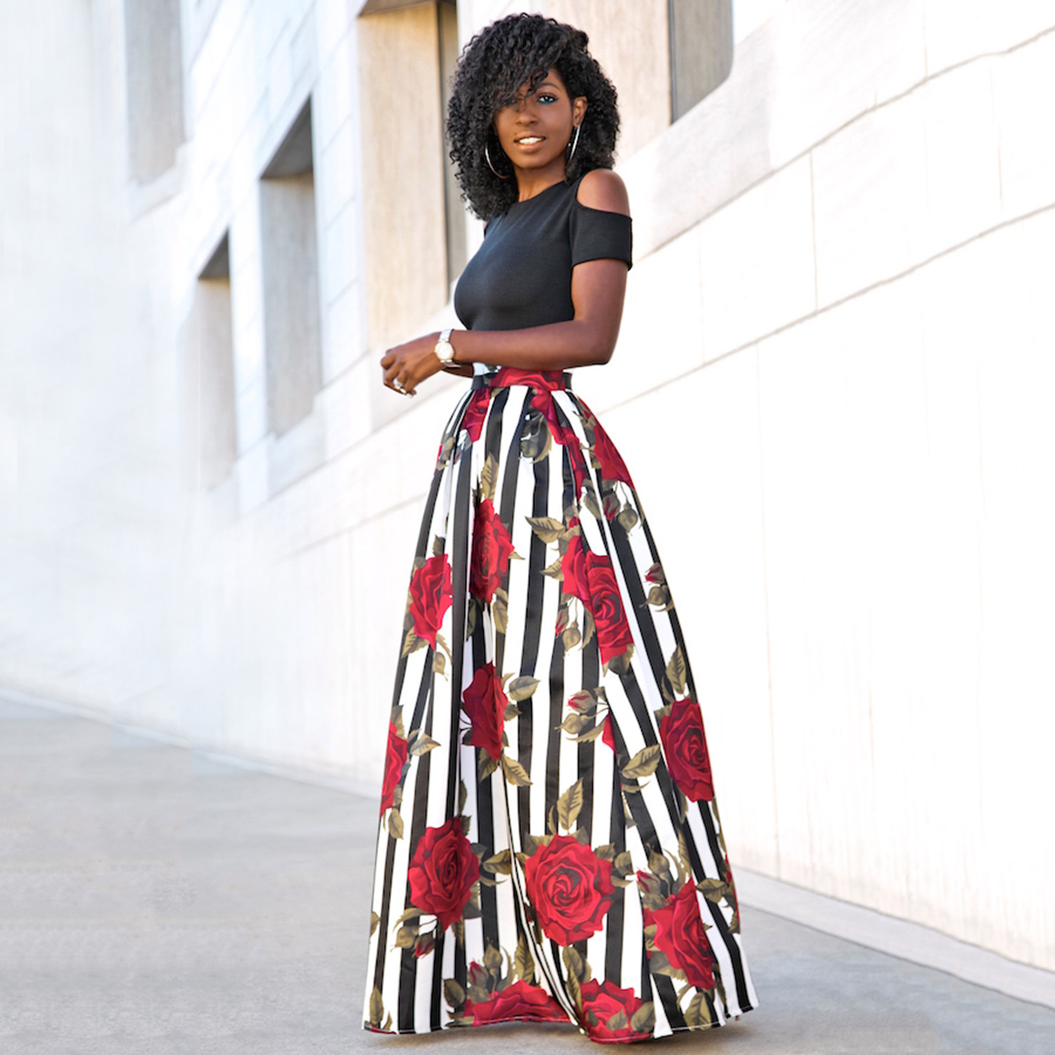 Cold-Shoulder Top & Floral Maxi Skirt Co-ord Set
