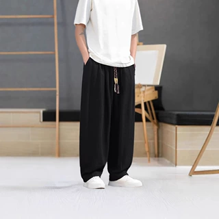 2025春夏新款男士时尚休闲亚麻裤大码宽松腰部抽绳中国风阔腿裤子