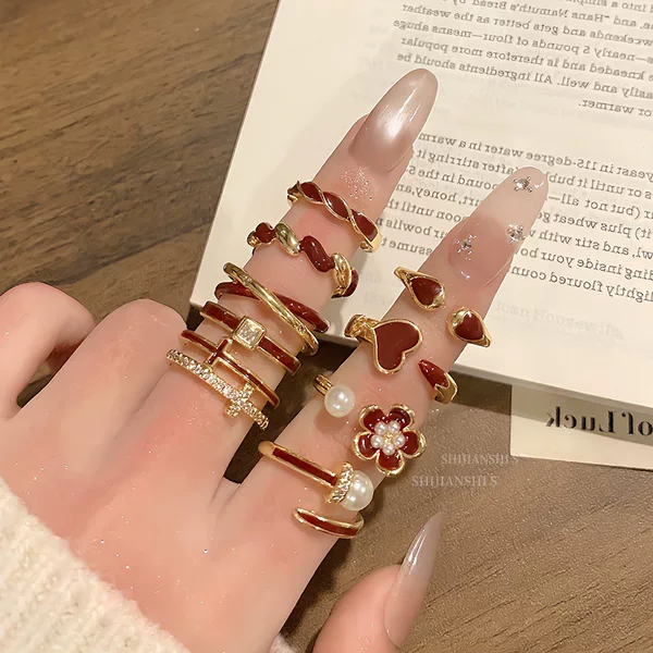 "Fortune Brew" Vintage Enamel-Style Burgundy Shell Pearl Line Art Flower Ring, Elegant and Versatile, Stackable Index Finger Ring