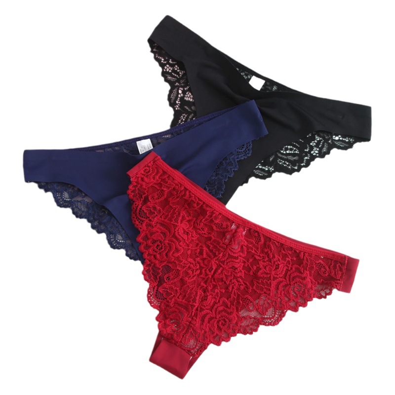 Women's Sexy Thong Japanese Lace Hollow Ice Silk Panties Pure Cotton Crotch Low-Rise Women's Wholesale in Stock