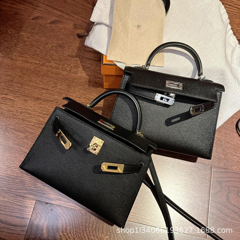Handmade Waxed Thread Epsom Leather Second Generation Kelly Bag Mini Bag Handbag 25cm Black and Silver Single Shoulder Crossbody Women's Small Bag Handmade Waxed Thread Epsom Leather Second Generation Kelly Bag Mini Bag Handbag 25cm Black and Silver Single Shoulder Crossbody Women's Small Bag