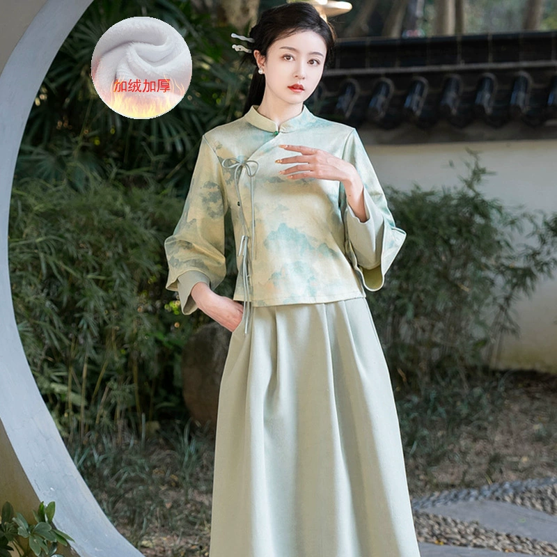 Новый осенне-зимний комплект в китайском ретро-стиле: утолщенный и утепленный костюм в стиле тан с улучшенным дизайном, для чайной церемонии (женский)