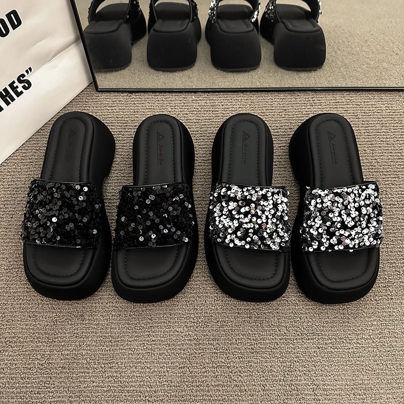 Zapatillas de muffin de diafragma sensitivas de verano para mujeres, una palabra para damas, sandalias de suela gruesa, zapatillas de medio frío, nuevo negro image 5