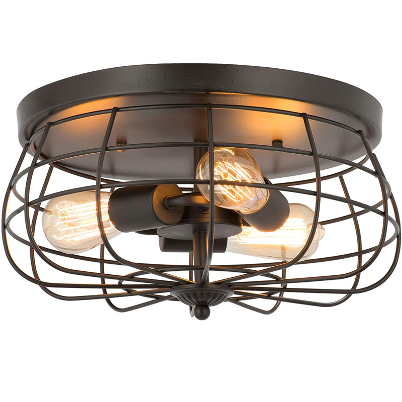 American ceiling lamp retro country industrial style cross-border iron metal cage embedded bedroom ceiling lamp