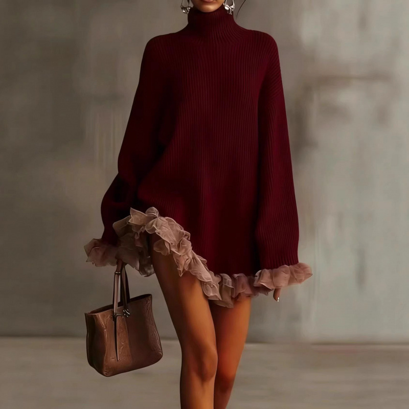2026 New Model Cross-Border European and American Women's Fashion Foreign Trade High-Neck Knit Ribbed Ruffle Patchwork Long Sleeve Top 2026 New Model Cross-Border European and American Women's Fashion Foreign Trade High-Neck Knit Ribbed Ruffle Patchwork Long Sleeve Top