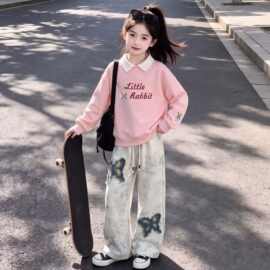 中大童新款可爱兔子刺绣春秋季女孩时尚百搭潮流阔腿裤两套装潮