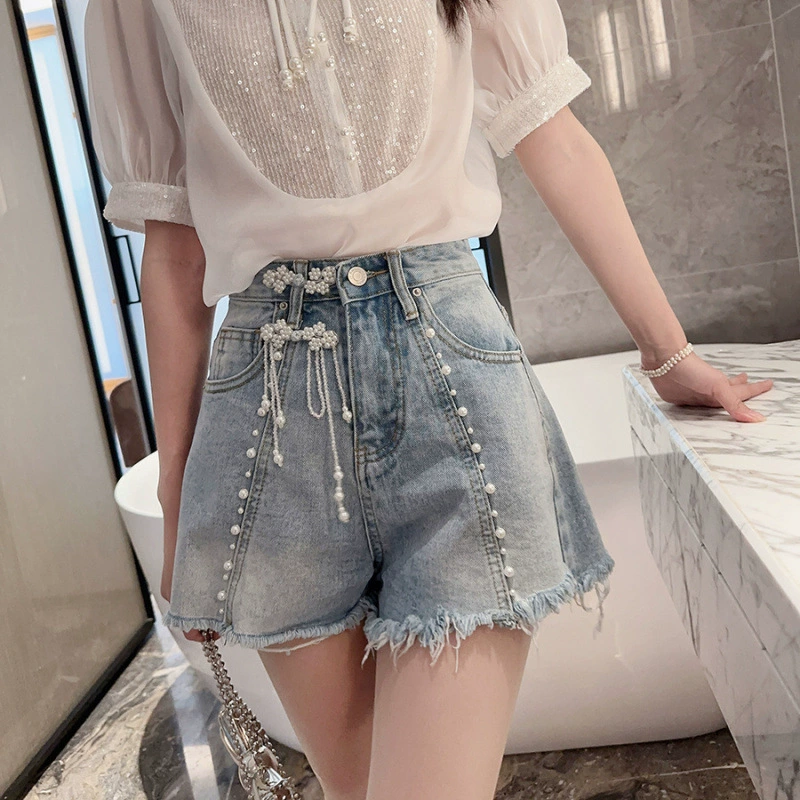 2025 летняя новая корейская версия тяжелых джинсов с высокой талией женские широкие брюки шорты шорты с бисером шикарный