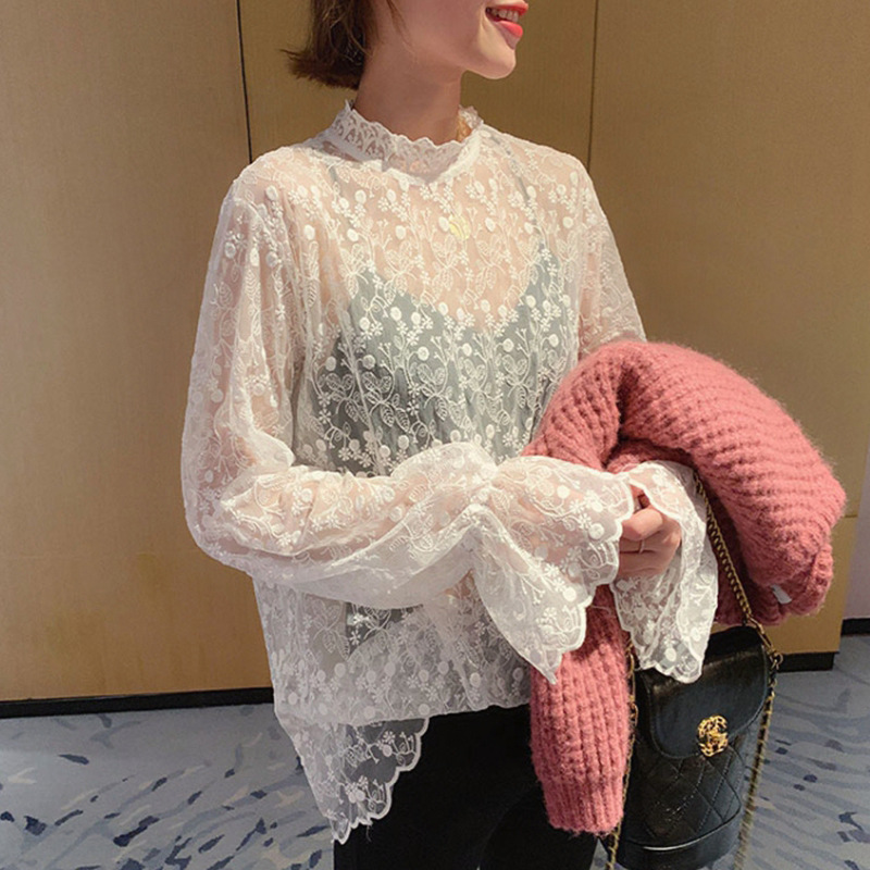 Plus Size Women's Spring Lace Shirt for Chubby Girls, Mesh See-Through Inner Top, Stylish T-Shirt Base Shirt 100kg Plus Size Women's Spring Lace Shirt for Chubby Girls, Mesh See-Through Inner Top, Stylish T-Shirt Base Shirt 100kg