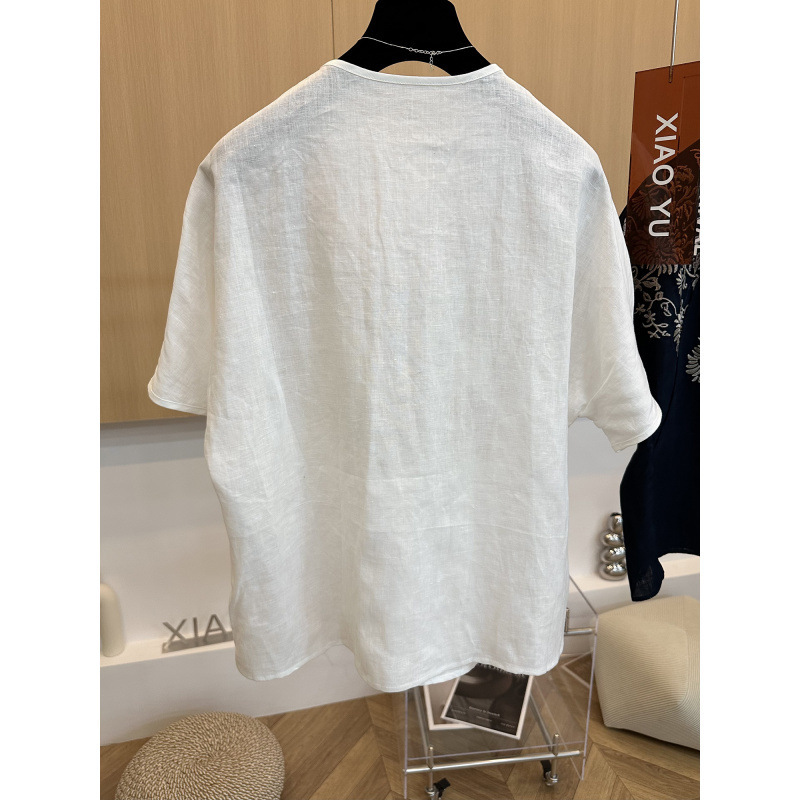 ハイエンドヨーロッパ夏の新しいスタイルのハイエンドファッション重工業国民風刺繍純粋なラミーラウンドネック半袖シャツトップス女性用|undefined