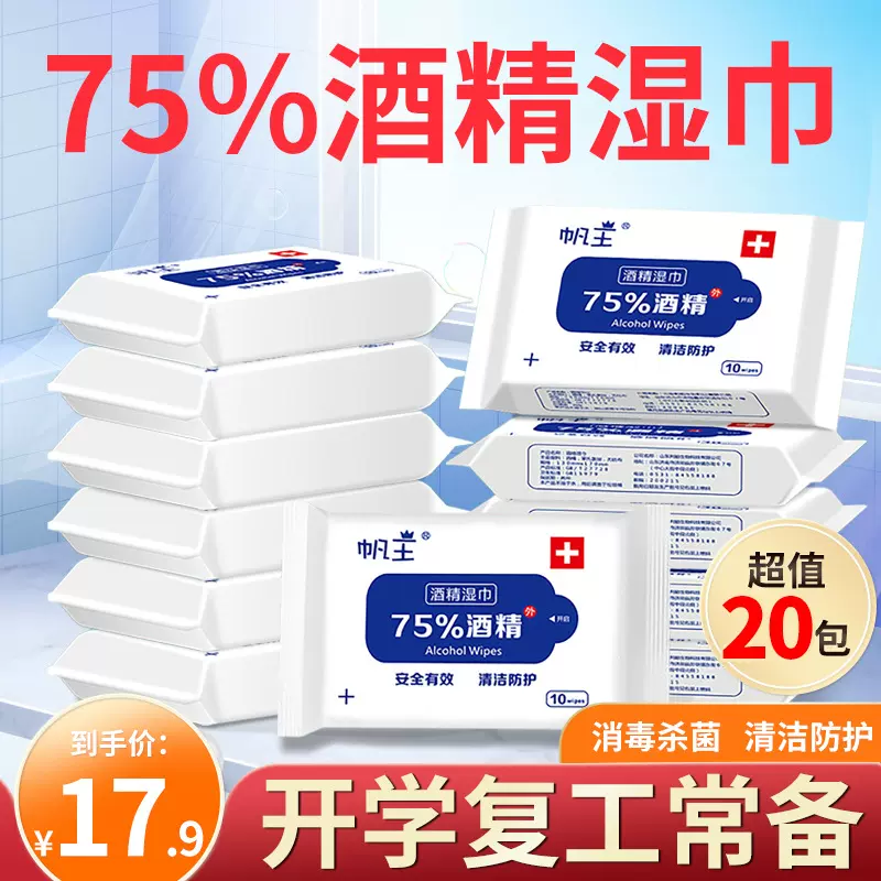 帆王75%度酒精消毒湿巾便携式除菌卫生擦手湿纸巾随身装10抽20包