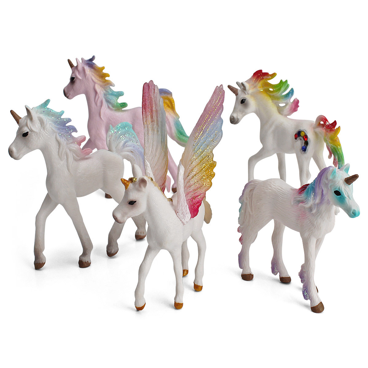 Exportación transfronteriza Diversión infantil mito animal juguete unicornio arco iris modelo de caballo Pegaso duende decoración en stock