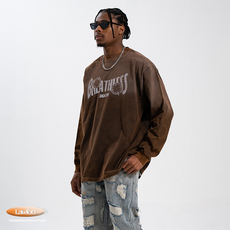 Herrenbekleidung Trendmarke High Street Retro Hängender Farbstoff Farbverlauf Waschen High Street Druck Lose Langarm T-Shirt Street Männer und Frauen_voghion.com