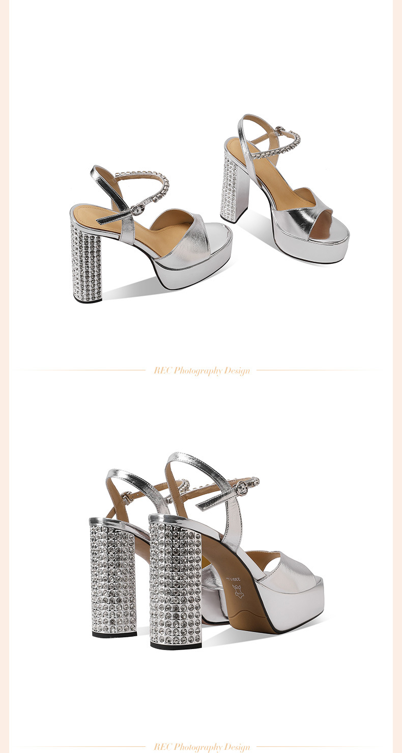 Sandal cao gót nữ quai ngang đính đá gót vuông platform hở mũi — đen chi tiết 5