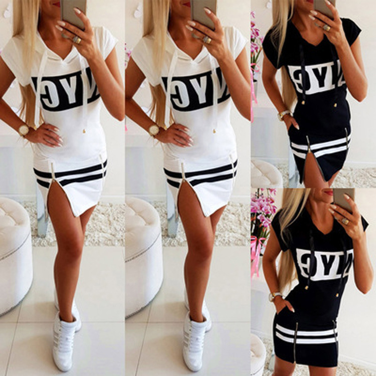 2021 Amazon AliExpress European and American Women's Fashion Slim-fit Short-sleeved Hooded Letter Printed Slit Dress