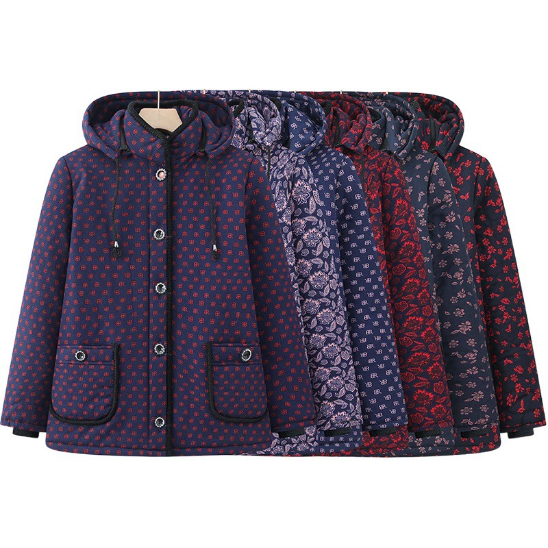 Бабушка зимняя хлопковая подкладка с флисовой подкладкой утолщенная пожилая леди с капюшоном хлопковая подкладка для женщин среднего и пожилого возраста 70-летняя мать теплая куртка с хлопковой подкладкой