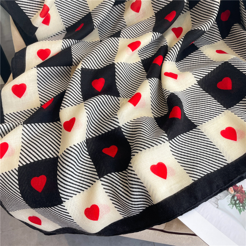 180g Weight Scarf Classification Street Occasion cotton and linen Material Lattice, Heart Shape Pattern Spring, Autumn Season Women's Gender IG Style Style Women's Ig Style Lattice Heart Shape Cotton And Linen Scarf 14