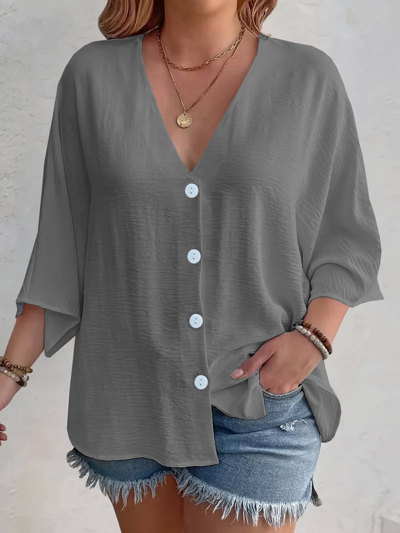 Women's Clothing Spring And Autumn New Women's V Neck Button Ice Silk Wrinkle Solid Color Cardigan Long Sleeve Women_voghion.com