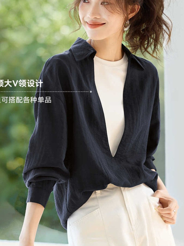 欧货气质简约深V领长袖衬衫女小众不撞款宽松显瘦百搭叠穿上衣潮|undefined