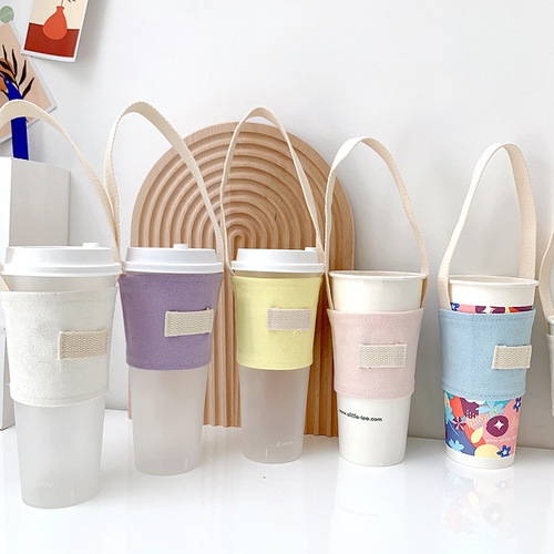 Portable portable insulated milk tea and coffee drink portable cup cover with candy color strap and hand-carrying canvas cup cover