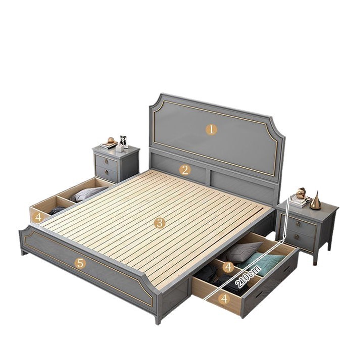 Cama de estilo americano de lujo ligero de madera maciza, cama de cama blanca, cama de matrimonio, 1.8m, cama doble moderna y simple, 1.5m