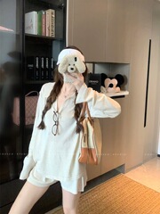 慵懒风宽松长袖防晒T恤女早秋穿搭休闲套装针织阔腿短裤子两件套