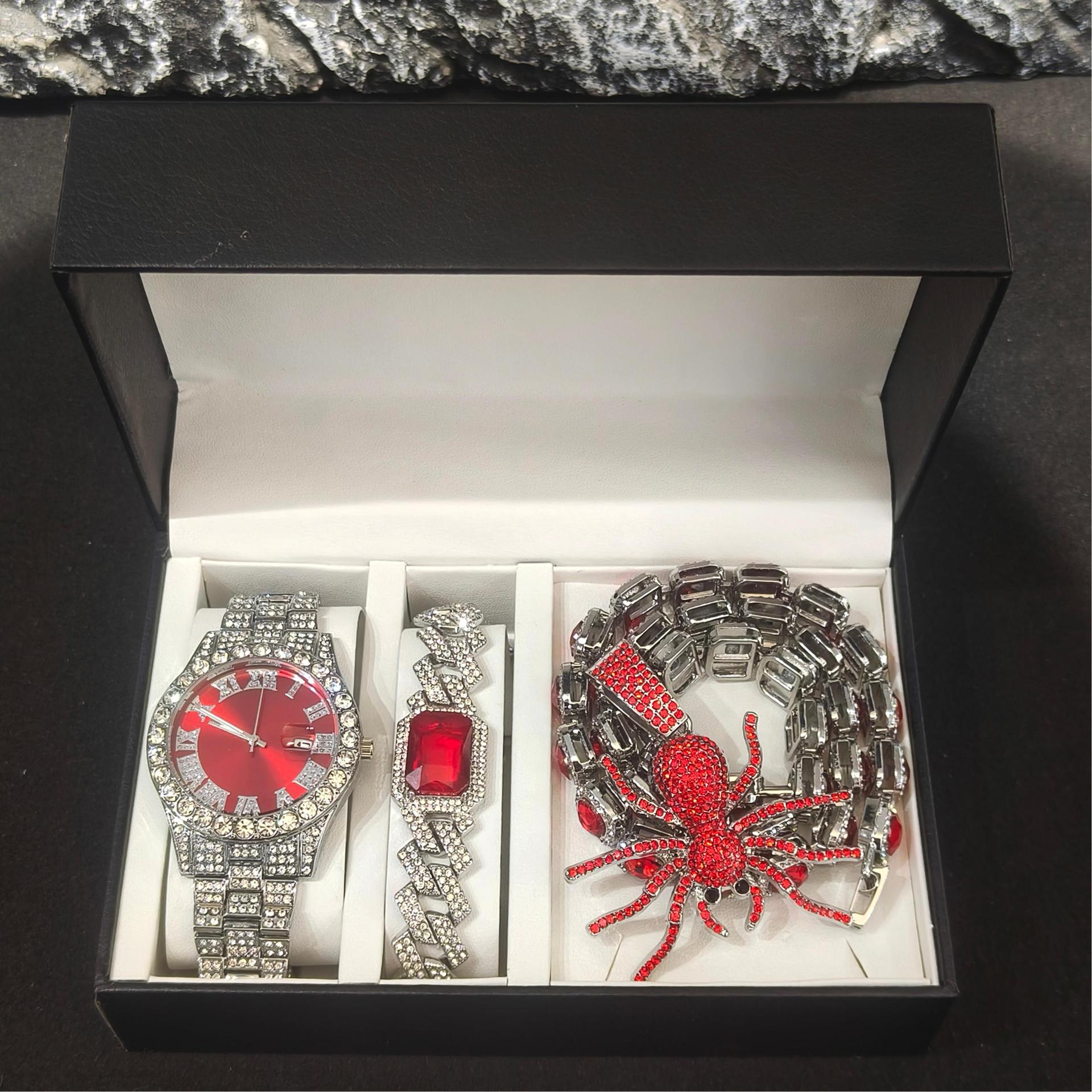Europa y América hip hop diamantes reloj romano azúcar cubano color collar pulsera colgante araña conjunto de caja de regalo de alto nivel