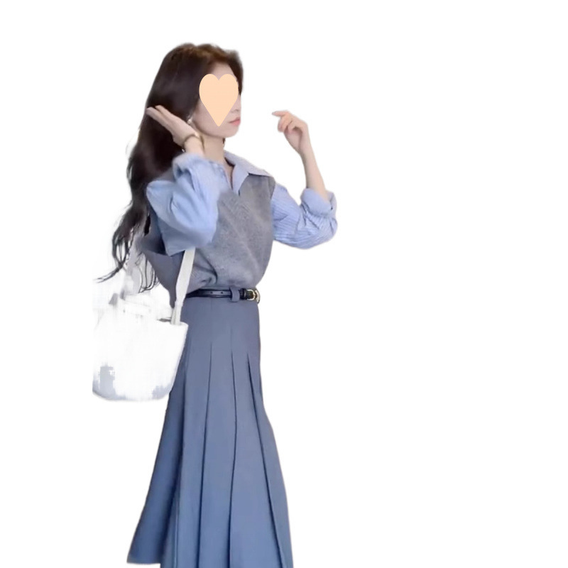 2025早秋新款套装女小众轻奢马甲修身衬衫高腰显瘦半身裙三件套潮|undefined