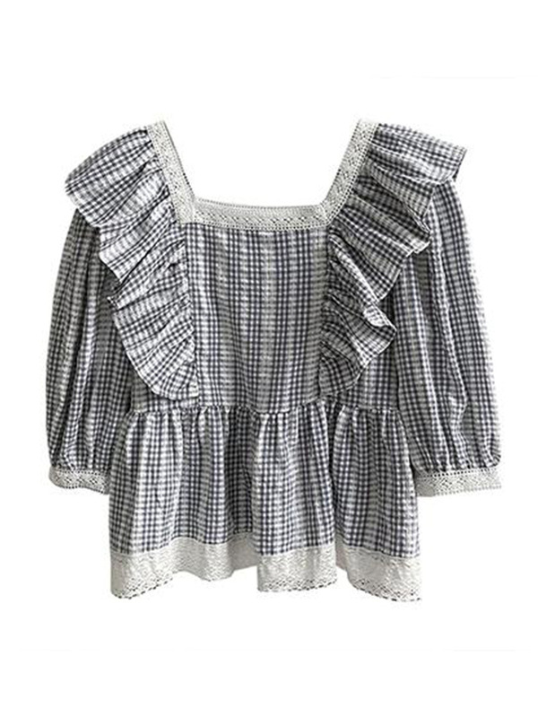 Juzhi 福祉モデル 返品交換不可～女性用スリムスクエアカラーフレンチレースフリルシャツ 23070|undefined