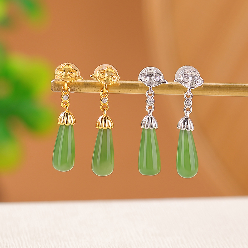 Khuyên tai nữ bạc S925 mạ vàng đính đá ngọc bích hình mây lành — Kiểu màu bạc