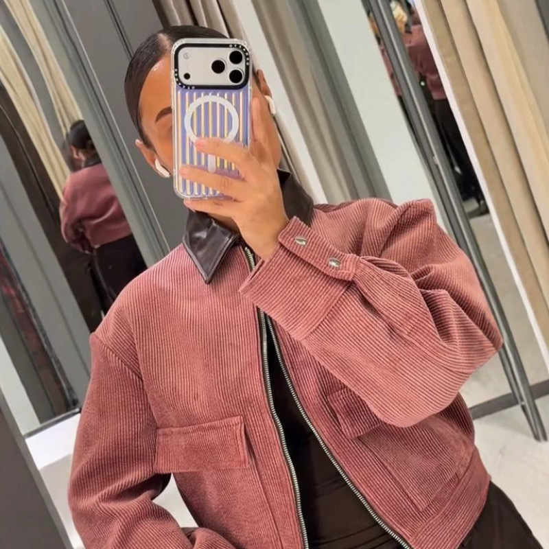 Chaqueta Corta Estilo Retro con Solapa de Poliéster con Cremallera para Ocio