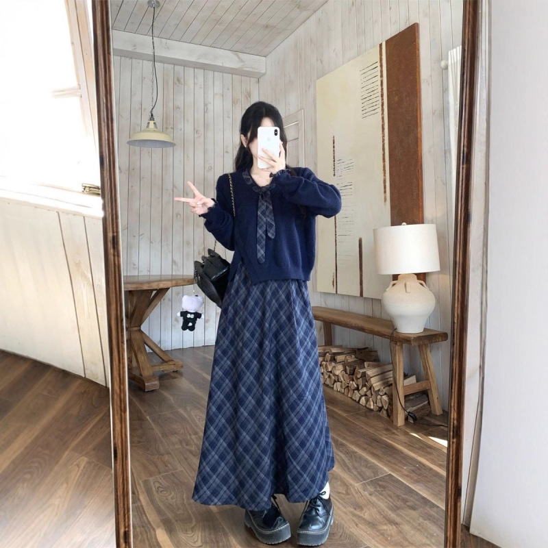 大码套装女2025秋季韩版系带格纹长袖针织衫格纹吊带裙气质两件套|undefined