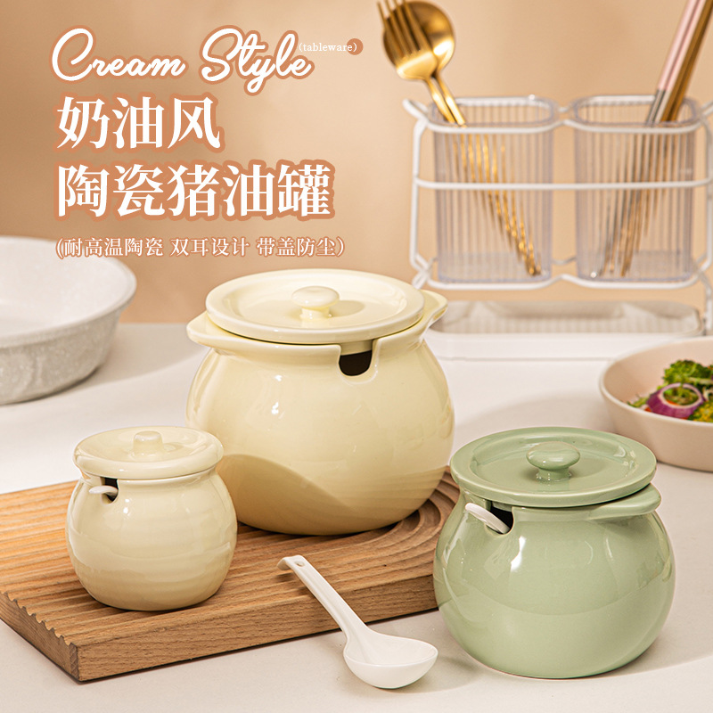 high temperature resistant binaural ceramic pig oil tank household red chili oil filling with cover spoon seasoning containers animal oil pepper oil jar