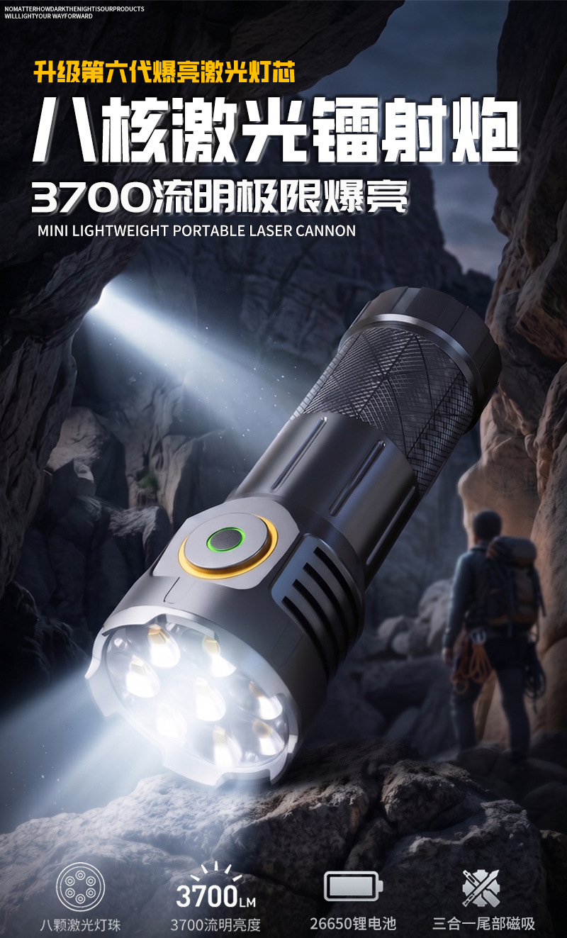 Cross-Border New Model Eight-Eye Strong Light Mini Flashlight, Long-Range, Small, Portable, Outdoor, Ultra-Bright, Magnetic Work Light for Home Use
