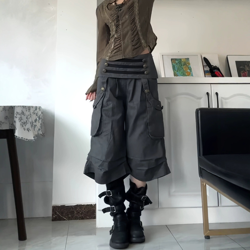 American Retro Button Design Pleated Denim Cropped Pants for Women, Y2K Punk Loose Wide-Leg Cargo Pants Trendy