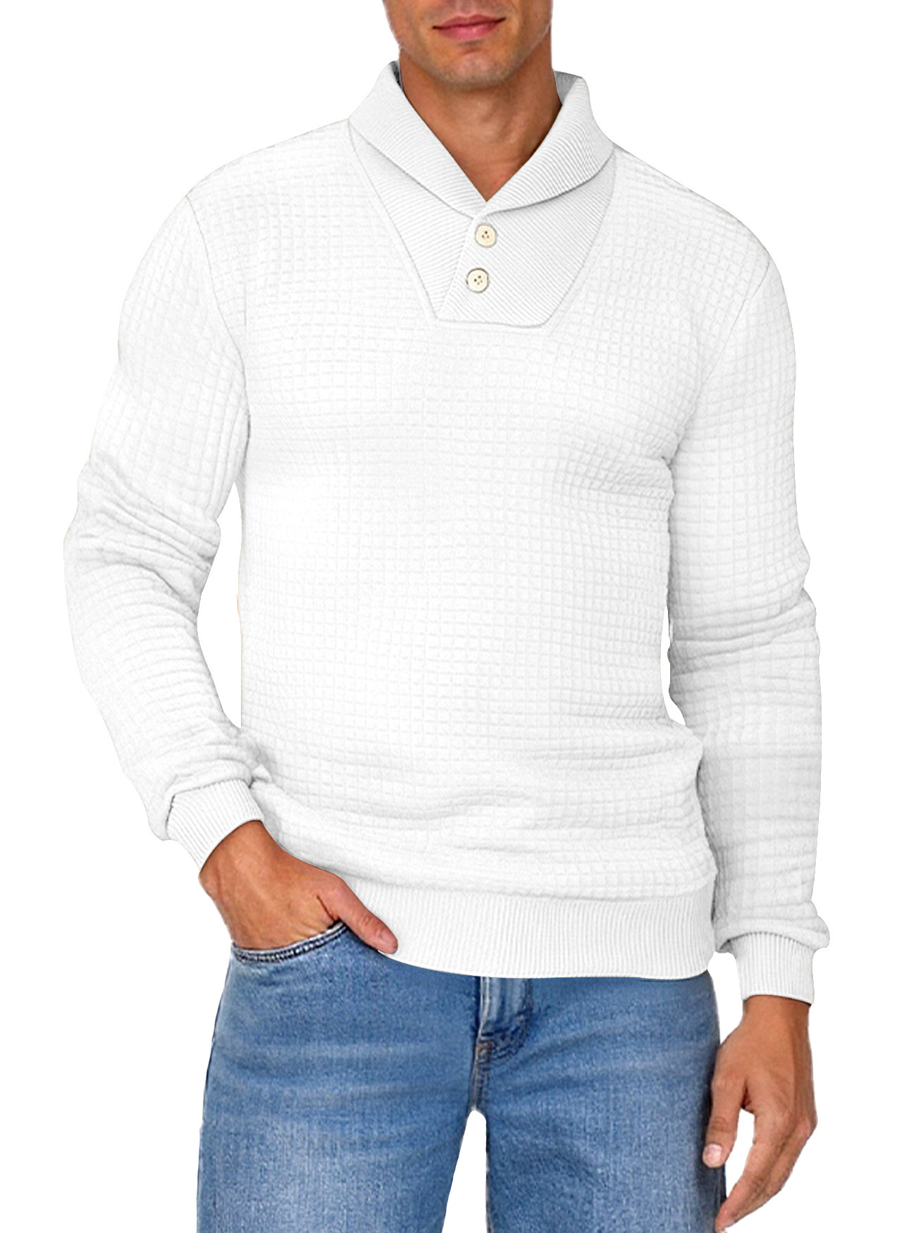 Transfronterizo Europa y América Amazon nuevo hombre pequeño cuadrado Jacquard botón de solapa Waffle camiseta casual de manga larga para hombre