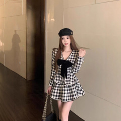 法式千鸟格小香风套装女秋季蝴蝶结长袖外套a字蓬蓬半身裙两件套