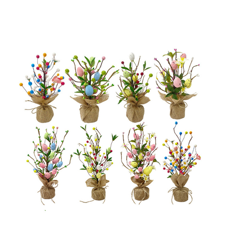 Artificial colorido huevo de madera pila pequeño árbol Amazonas Pascua espuma huevo Margarita planta verde falso hoja decoración interior