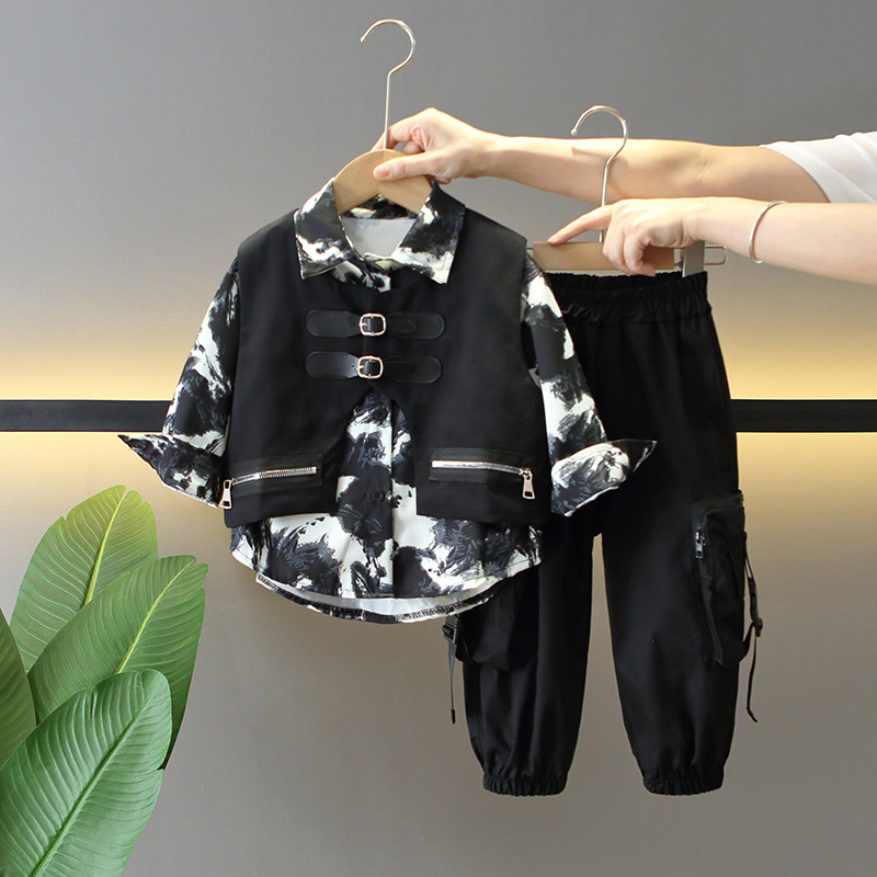 5916 Traje de otoño para niños 2024 Nuevo estilo para niños Ropa de moda coreana Camisa de primavera y otoño para niños Traje de tres piezas