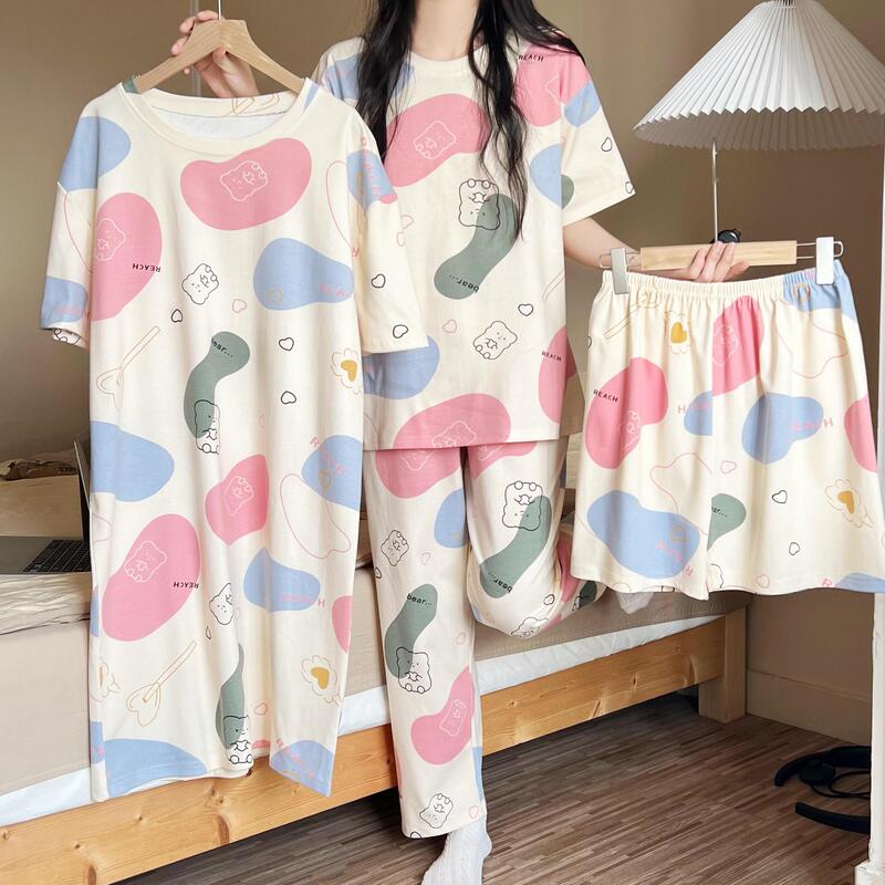 Low price pajamas women's four-piece set can be worn plus size loose short sleeve trousers thin cartoon home clothing factory direct sales