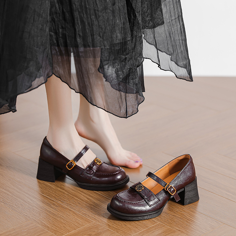 Brown Mary Jane Shoes with Skirt, New Style, Comfortable Solid Color, Chunky Heel, Round Toe, Small Leather Shoes, Camellia Single Shoes for Women, Black