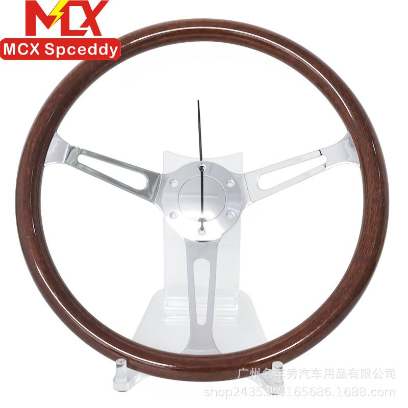 Cross-border modification 15inch peach wood color retro steering wheel 380mm universal concave electroplated bracket with a hole spacing of 70mm