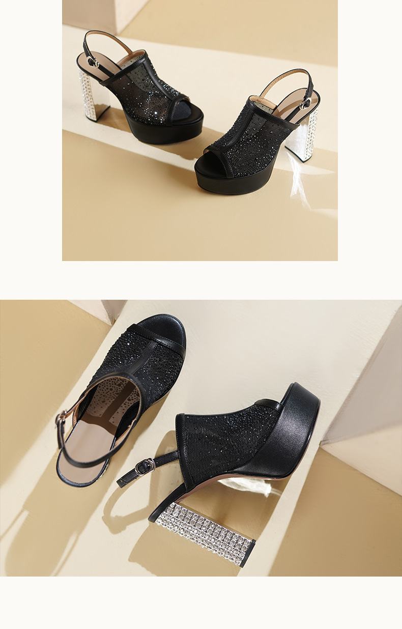 Sandal cao gót nữ đính đá lưới, đế xuồng siêu cao gót, mũi hở kiểu La Mã — đen chi tiết 7