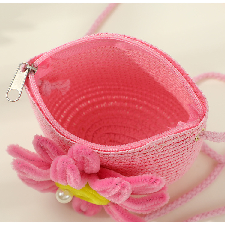 67g Weight Weave Fashion Element Zipper Closure Type Single Shoulder Strap Strap Type Straw Bag Bags Type Casual, Holiday Occasion Straw Material Flower Pattern Spring&Summer Season Kid'S Gender Cute Style Round, Bucket Shape Kid'S Straw Flower Cute Weave Round Bucket Zipper Straw Bag 6