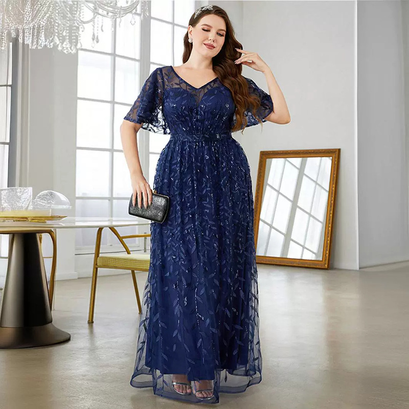 Cross-border European and American Evening Dress Sleeve Simple V-neck Lace dress Temperament Banquet Annual Meeting Spring New
